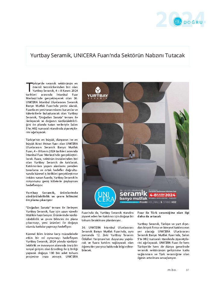 mutfak banyo seramik Dosya: Unicera 2024 Fuarına Doğru Yurtbay Seramik